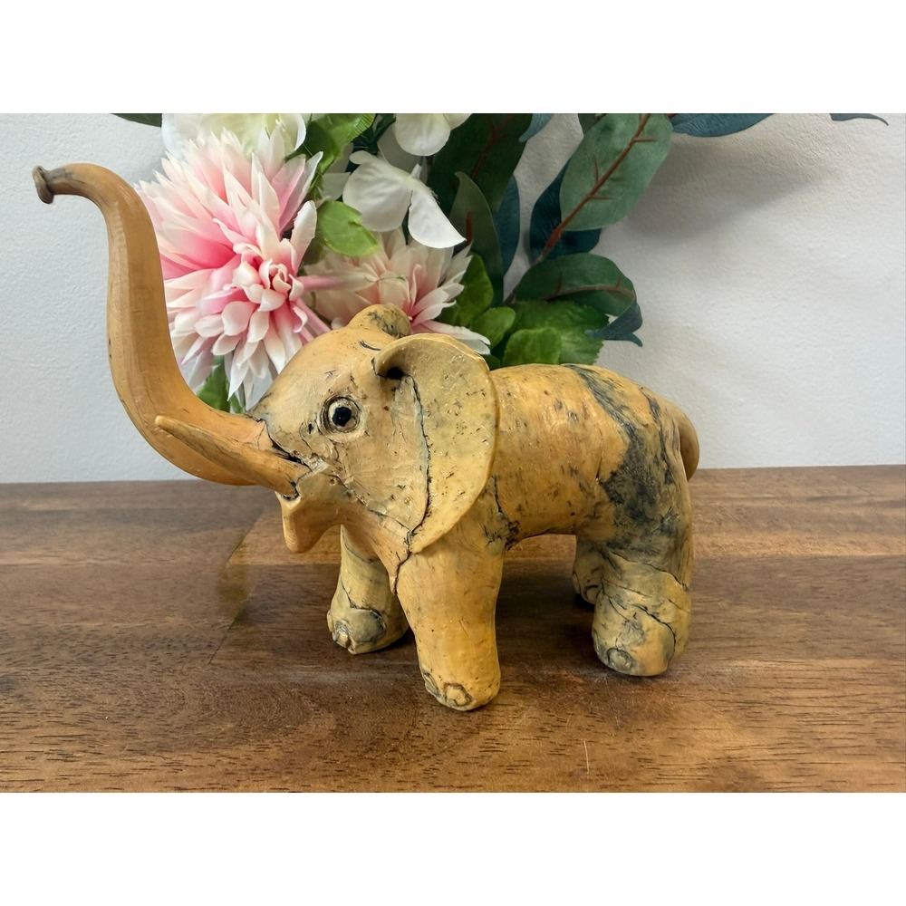 Vintage Hand Carved Wooden Elephant Figurine Safari Decor Statue Retro Gift
